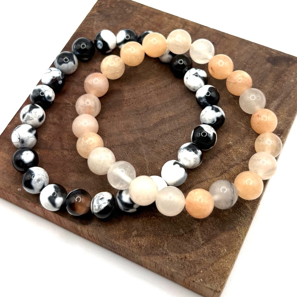 Natural Crystal Beaded Bracelets set of 2- Pink Adventurine & Orca Agate (5N)